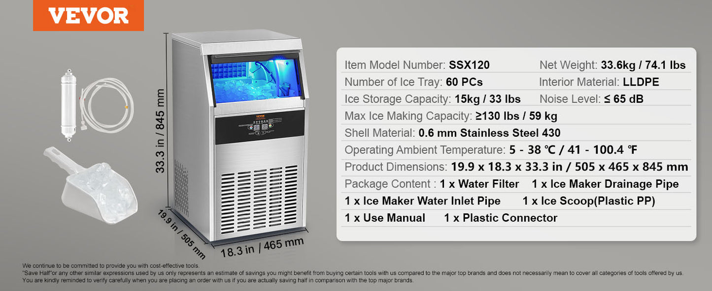 VEVOR Commercial Ice Maker 110lbs/24H 60 Ice Cubes in 12-15 Minutes  33lbs Storage Capacity LED Digital Display