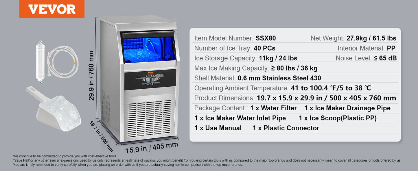 VEVOR Commercial Ice Maker 110lbs/24H 60 Ice Cubes in 12-15 Minutes  33lbs Storage Capacity LED Digital Display