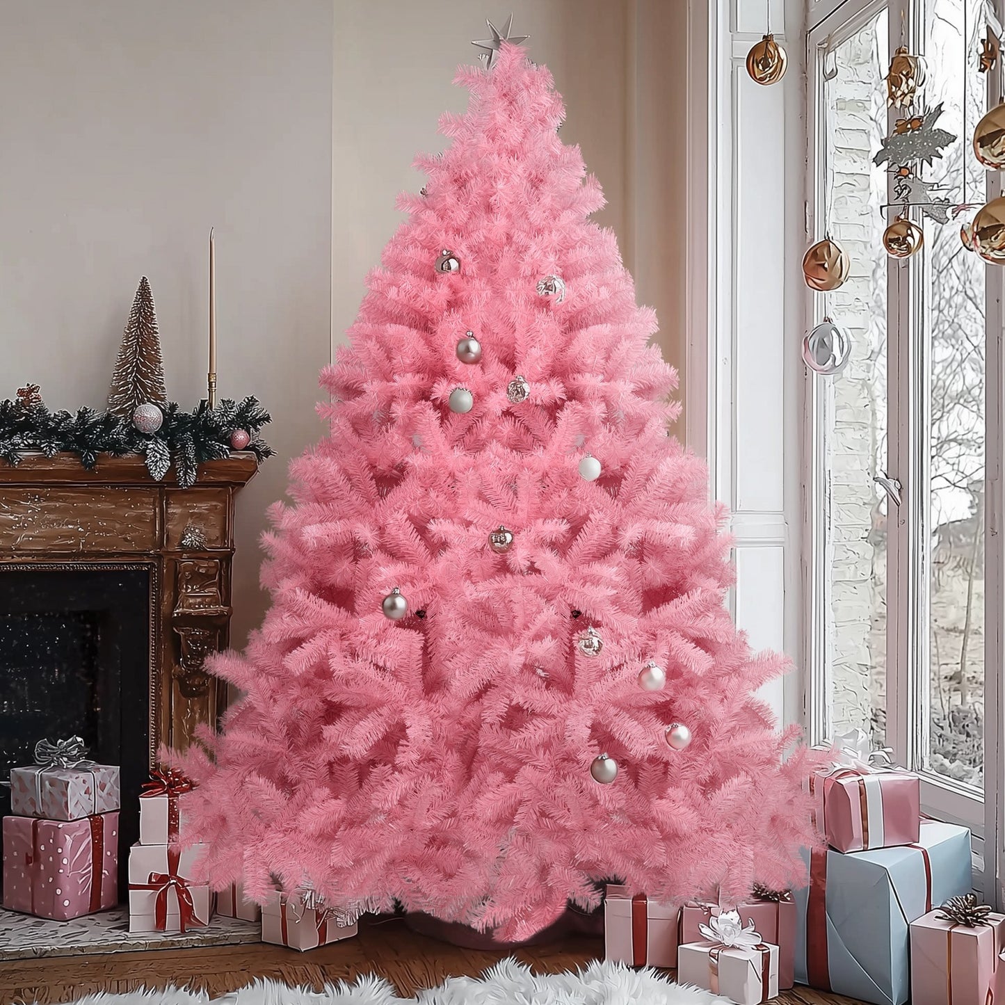 Christmas Tree 6ft, Pink Artificial Christmas Tree with 800 Tips Xmas 180CM Tree Foldable Metal Stand for Indoor Outdoor Holiday Decorations