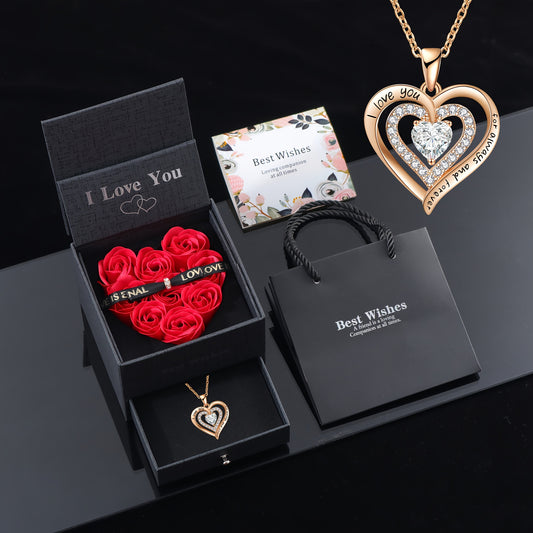 Halloween Gift Set - Eternal Rose Artificial Flowers in Heart-Shaped Box with "I Love You" Golden Heart Pendant Necklace, No Battery, No Electricity Needed - Perfect for Girlfriend, Wife, Mom, Best Friend