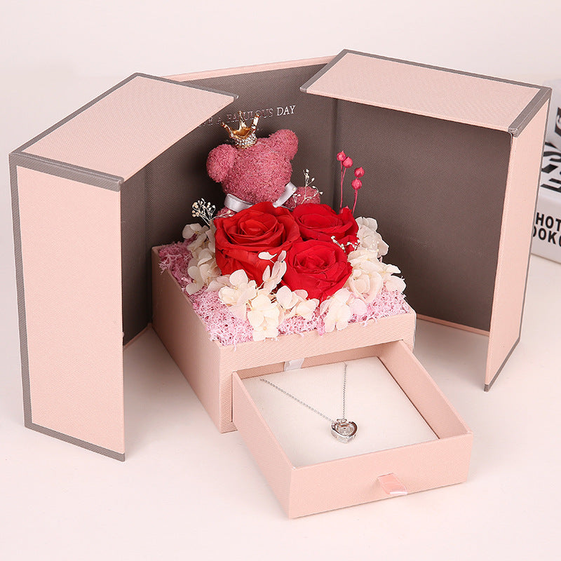 Preserved Flower Rose Bear Necklace Gift Box