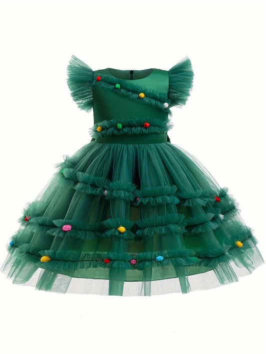 Girls' Enchanting Princess Dress with Flutter Sleeves - Perfect for Christmas & Parties, Knee-Length Tulle Tutu, 35% Cotton Blend