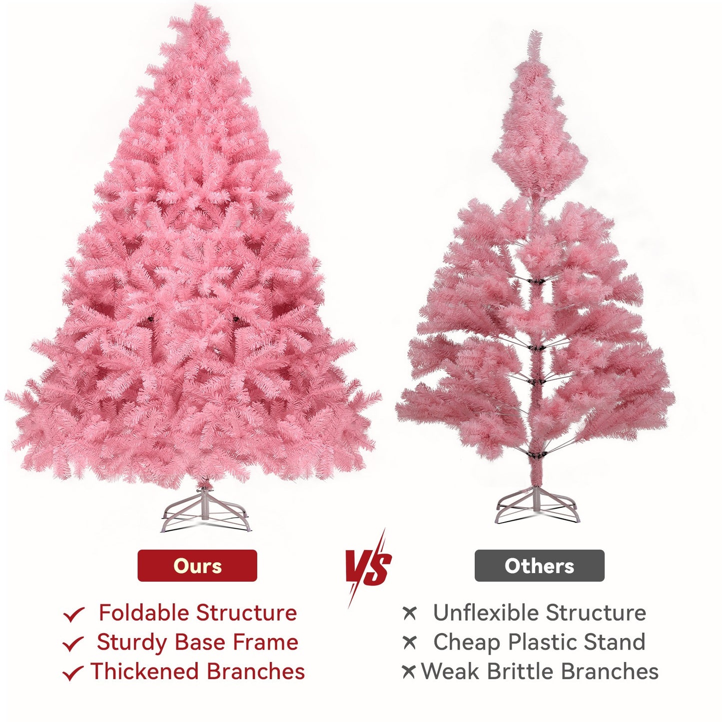 Christmas Tree 6ft, Pink Artificial Christmas Tree with 800 Tips Xmas 180CM Tree Foldable Metal Stand for Indoor Outdoor Holiday Decorations