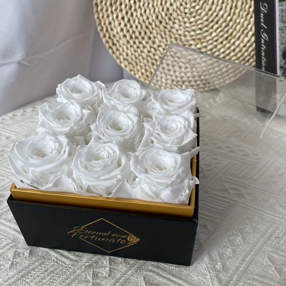 9pcs Eternal Rose Preserved Roses in a Box, Cased in White Box with Acrylic Cover - Forever Rose Box, Preserved Roses, Immortal Roses That Last A Year - Preserved Rose Flowers Decor for Delivery Prime Birthday Mothers Day Val