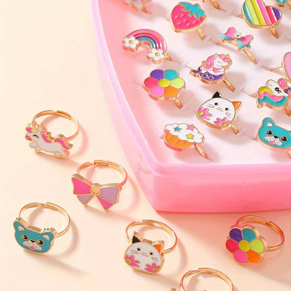 Kids Rings for Girls, 36-Piece Adjustable Princess-Themed Cartoon Cute Enamel Rings Set, Zinc Alloy, 18K Gold Plated, No Mosaic, Ages 3-14