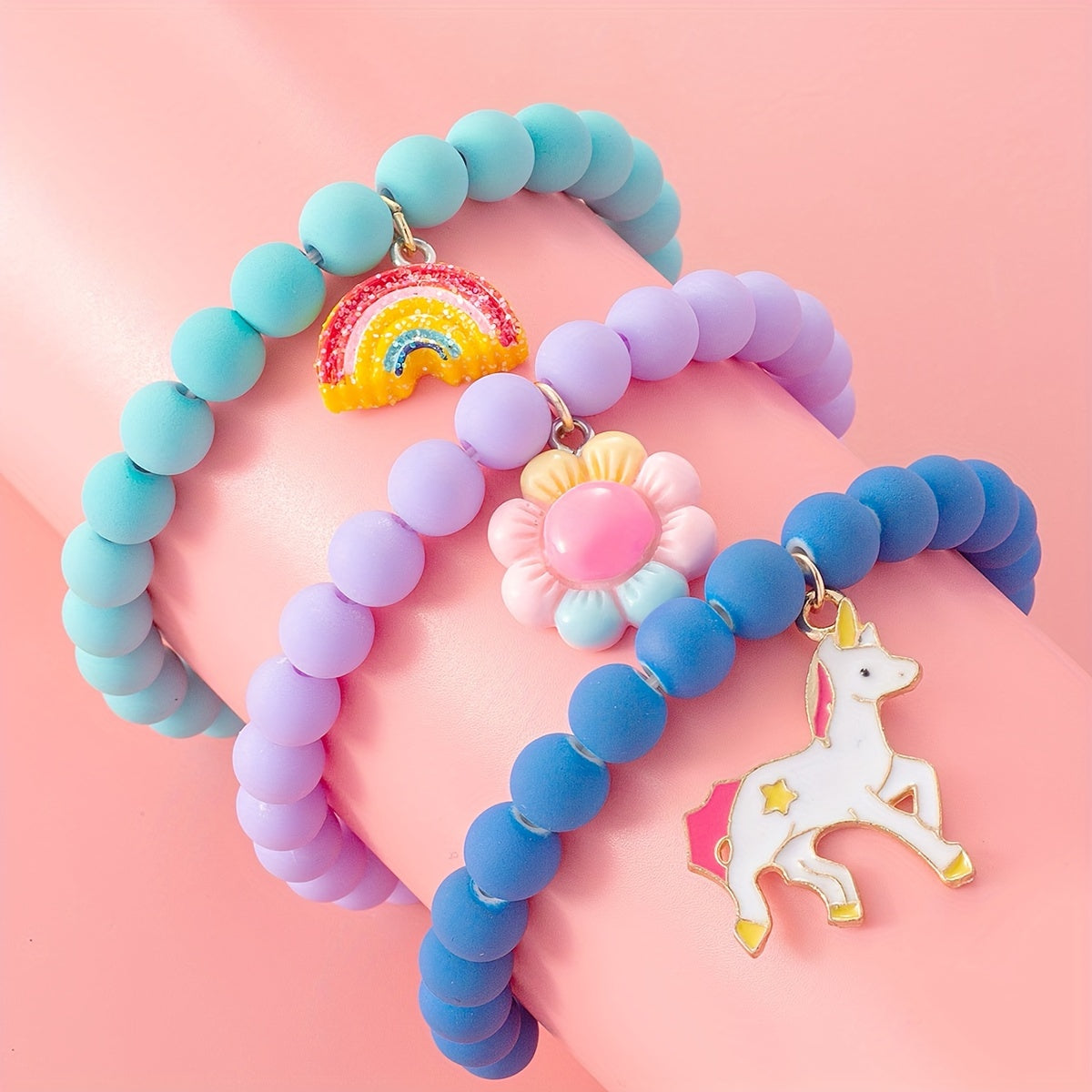 3pcs Cute Unicorn/Sunflower/Rainbow Charm Beaded Bracelets For Girls, Simple Style Daily Decorations, Holiday Gifts