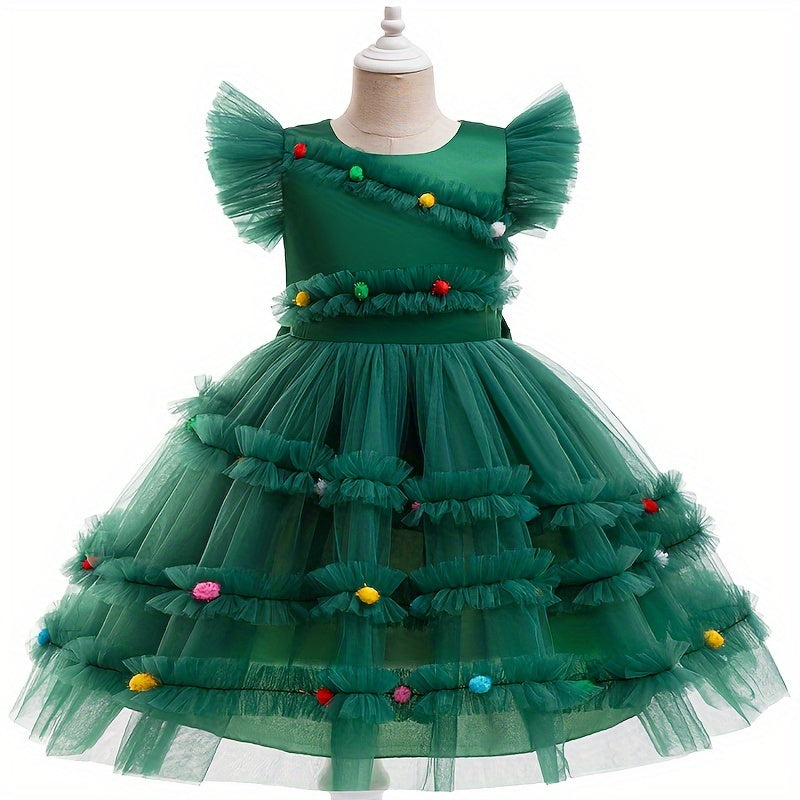 Girls' Enchanting Princess Dress with Flutter Sleeves - Perfect for Christmas & Parties, Knee-Length Tulle Tutu, 35% Cotton Blend