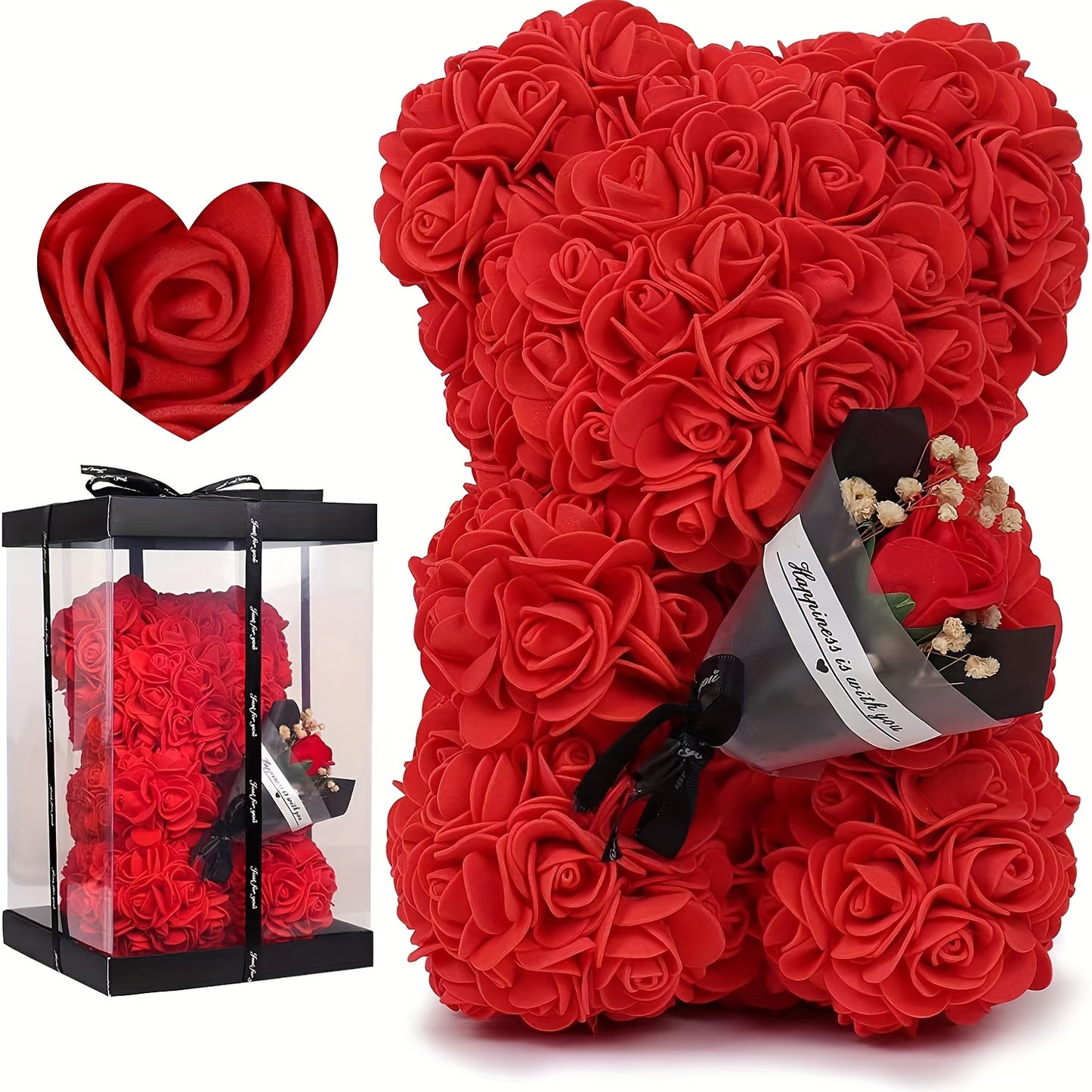 Romantic Artificial Rose Bear Gift - Perfect for Any Occasion, Includes Elegant Gift Box, Red/Black