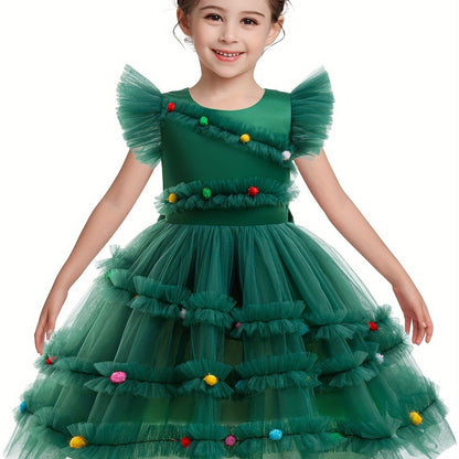 Girls' Enchanting Princess Dress with Flutter Sleeves - Perfect for Christmas & Parties, Knee-Length Tulle Tutu, 35% Cotton Blend