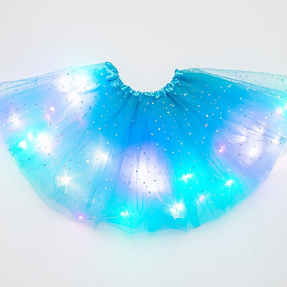 LED Light-Up Tutu Skirt for Kids, Princess Star Glitter Gauze Skirt with Button Battery, Multi-Color Illuminated Fabric Skirt for Christmas, Halloween, Birthday Party & Special Occasions