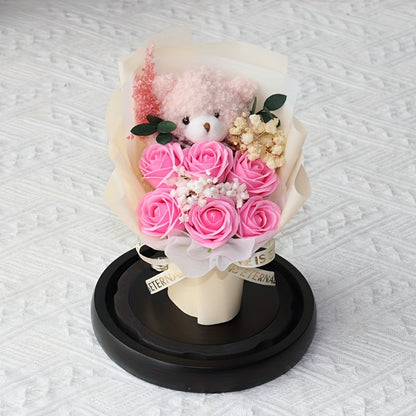 Glass Dome Bear Bouquet Artificial Roses - Tabletop Decor for Various Occasions, Ideal Gift for Birthdays, Valentine's Day, Christmas, Mother's Day, Graduation, Thanksgiving - No Electricity or Battery Needed