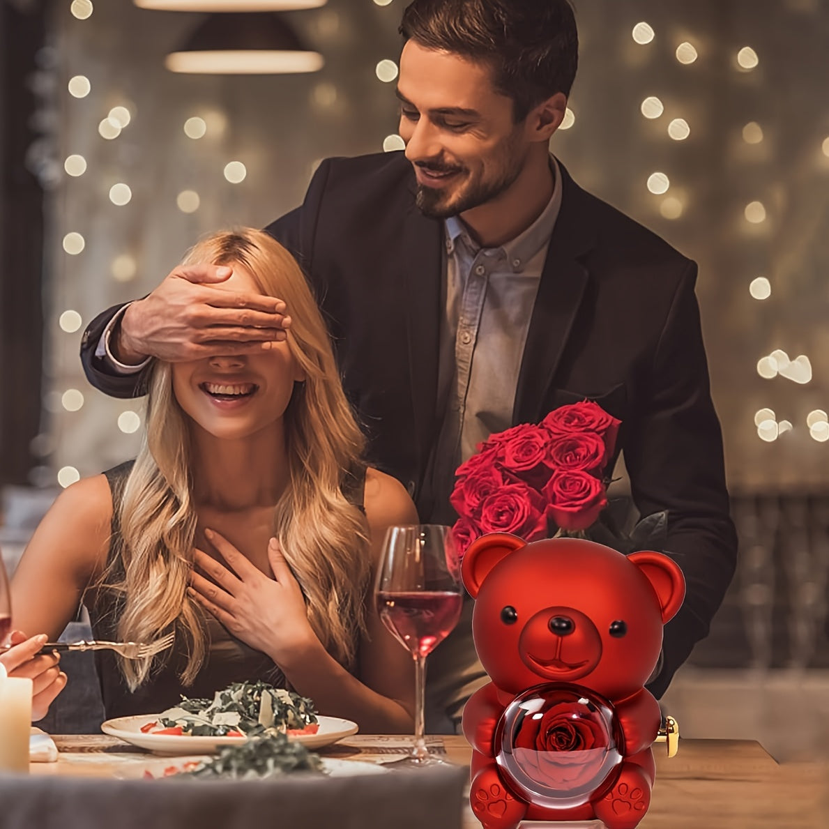 Preserved Red Rose & Cute Red Bear Box, Eternal Flower, Perfect Gift for Mom, Wife, Girlfriend, Grandma, Valentine's Day, Mother's Day, Christmas, No Jewelry, Home Decor, Plant Material, Battery-Free