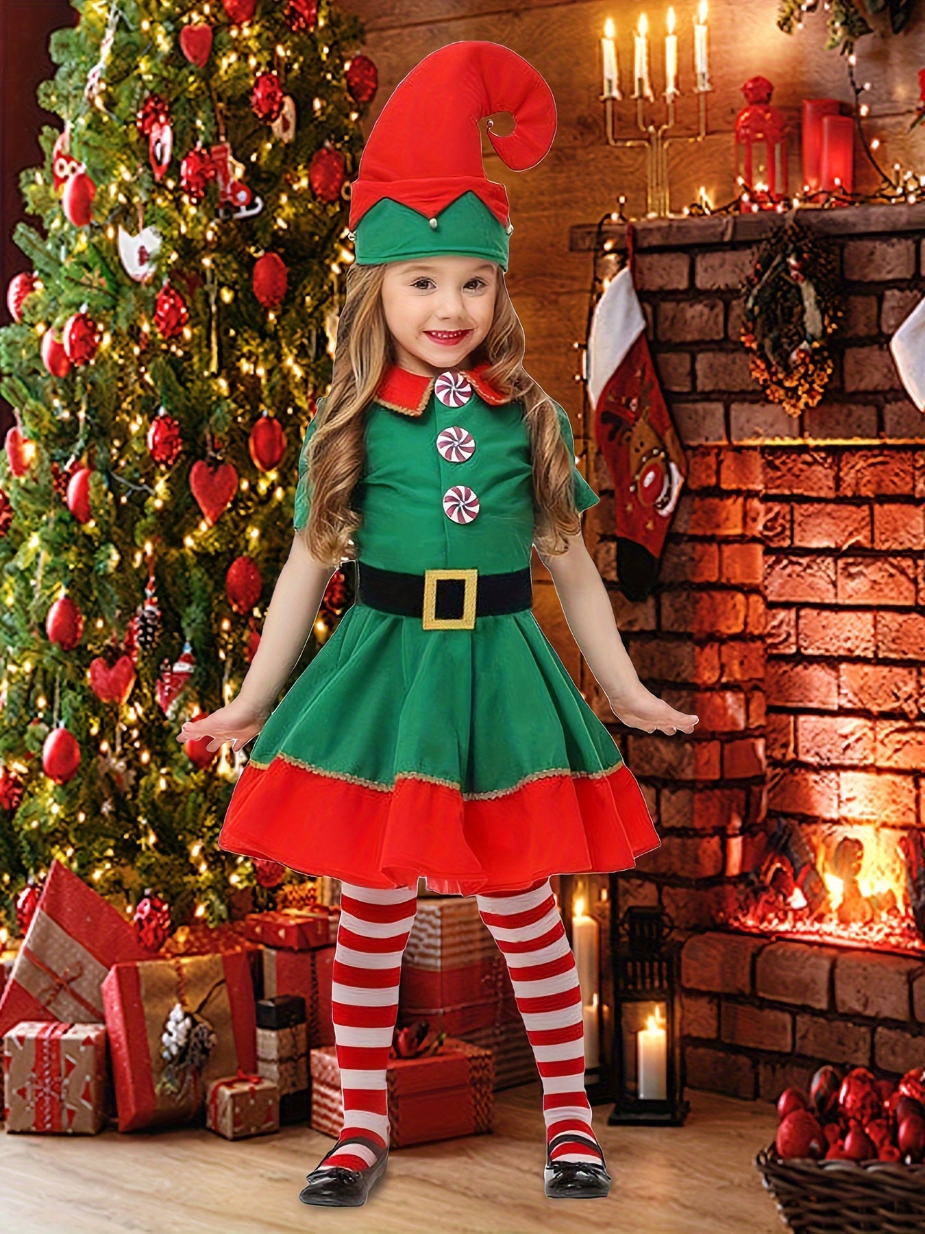 4pcs Girls Christmas Flannel Lapel Dress + Hat + Long Socks + Belt, Christmas Dress Up Outfit, Joy Festival Celebration Clothes