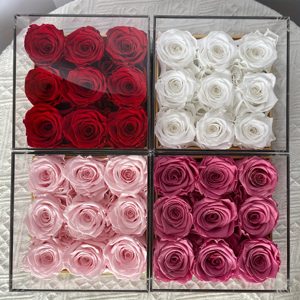 9pcs Eternal Rose Preserved Roses in a Box, Cased in White Box with Acrylic Cover - Forever Rose Box, Preserved Roses, Immortal Roses That Last A Year - Preserved Rose Flowers Decor for Delivery Prime Birthday Mothers Day Val