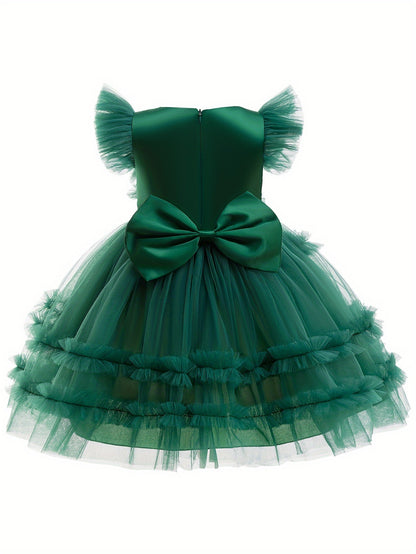 Girls' Enchanting Princess Dress with Flutter Sleeves - Perfect for Christmas & Parties, Knee-Length Tulle Tutu, 35% Cotton Blend