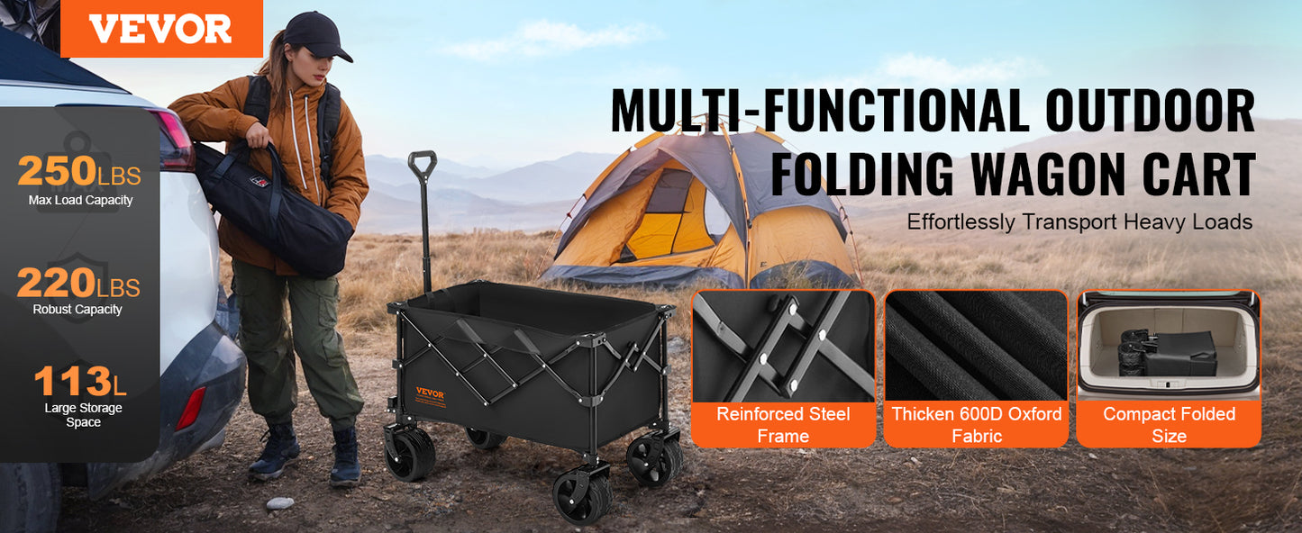 VEVOR Collapsible Folding Wagon Beach Wagon Cart with All-Terrain Wheels Drink Holders Sports Wagon for Camping Shopping Garden