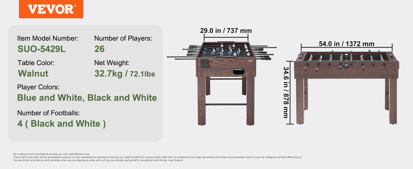 VEVOR Foosball Table Indoor Full Size Foosball Table for Family Soccer with Foosball Table Set Include 4 Balls and 2 Cup Holders