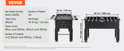 VEVOR Foosball Table Game 55in Soccer Tabletop Standard Size Tabletops for Home Family Game Room Soccer w/Foosball Table Set