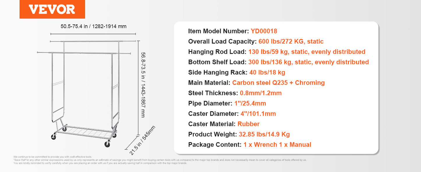 VEVOR Clothing Garment Rack Heavy Duty Clothes Rack Adjustable Length Clothes Rack w/ Bottom Shelf & Wheels for Laundry Room
