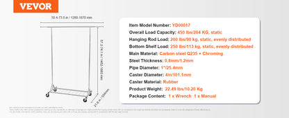VEVOR Clothing Garment Rack Heavy Duty Clothes Rack Adjustable Length Clothes Rack w/ Bottom Shelf & Wheels for Laundry Room
