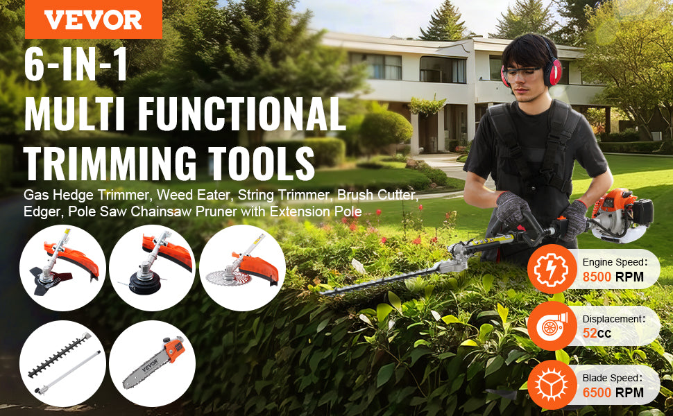 VEVOR 52CC 6-in-1 Multi-Functional Trimming Tools Gas Hedge Trimmer Weed Eater String Trimmer Brush Cutter Edger Pole Chainsaw