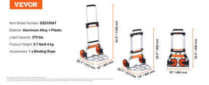 VEVOR 176/275/309 lbs Folding Hand Truck Portable Cart Dolly with Telescoping Handle and Binding Rope for Moving Warehouse