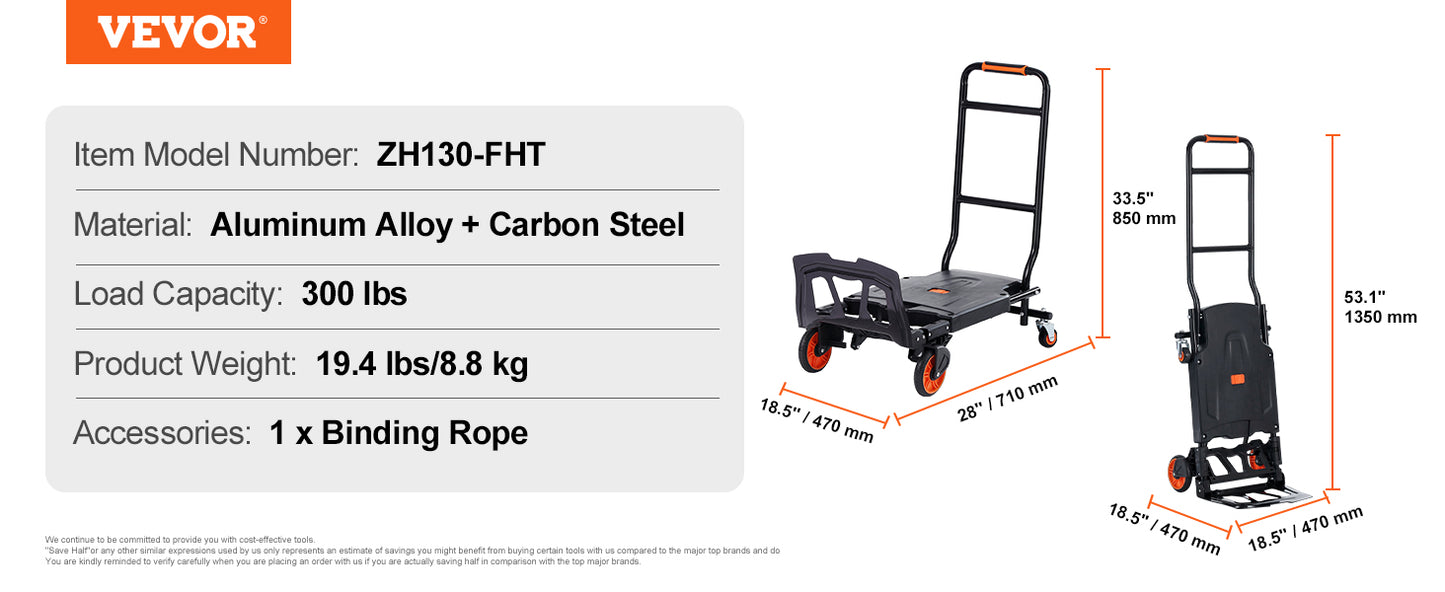 VEVOR Folding Hand Truck Aluminum Heavy Duty Industrial Collapsible Dolly Cart for Transport and Moving in Warehouse Supermarket