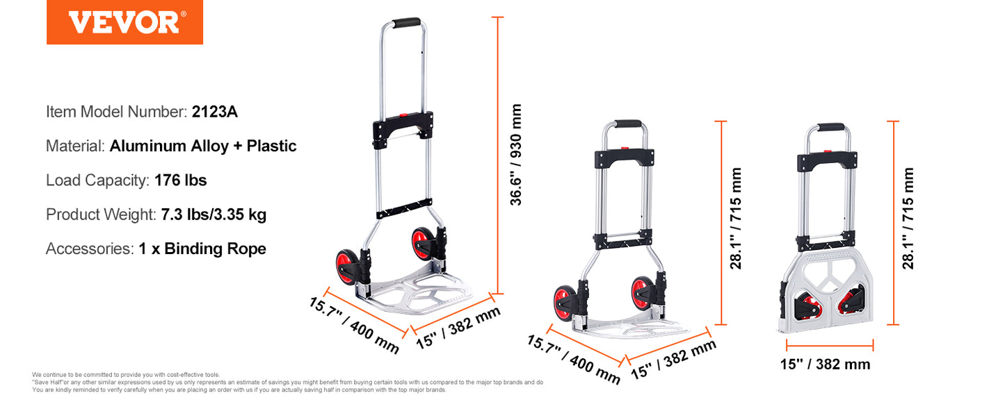 VEVOR 176/275/309 lbs Folding Hand Truck Portable Cart Dolly with Telescoping Handle and Binding Rope for Moving Warehouse