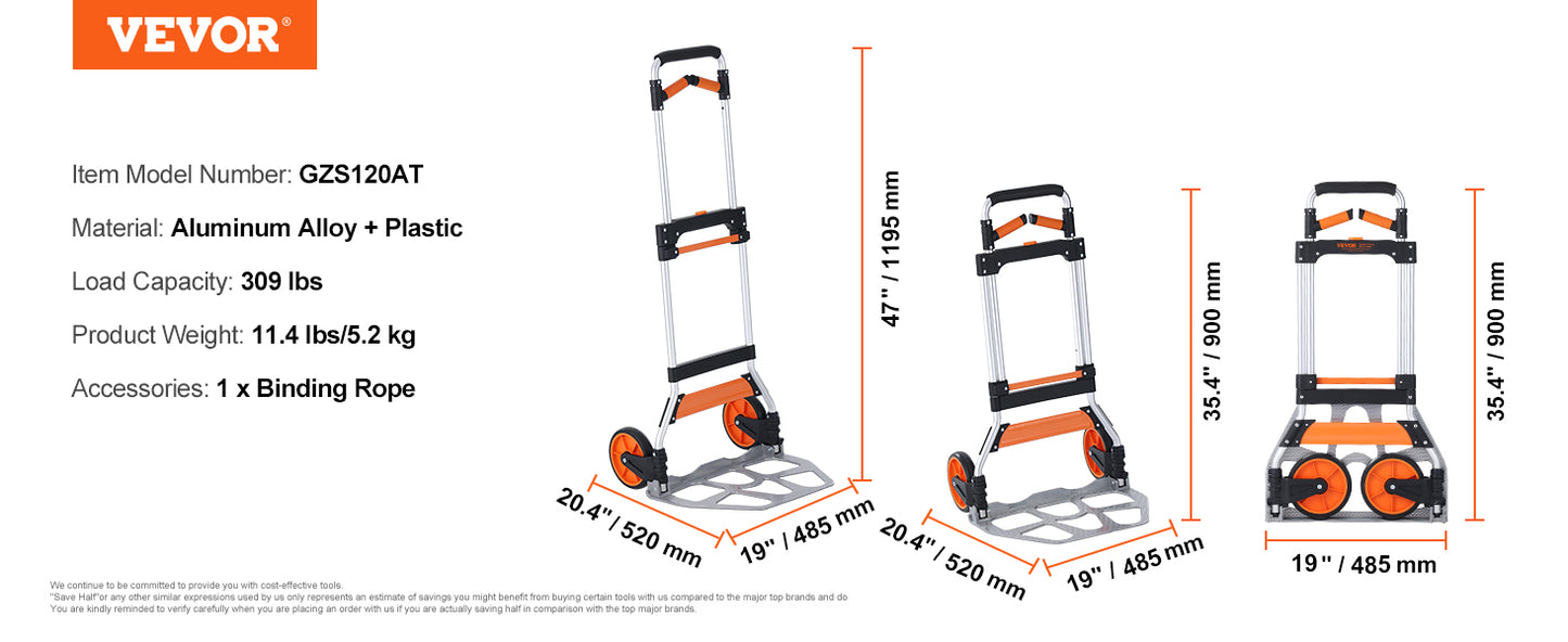 VEVOR 176/275/309 lbs Folding Hand Truck Portable Cart Dolly with Telescoping Handle and Binding Rope for Moving Warehouse