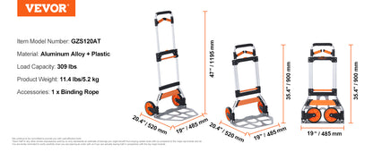 VEVOR 176/275/309 lbs Folding Hand Truck Portable Cart Dolly with Telescoping Handle and Binding Rope for Moving Warehouse