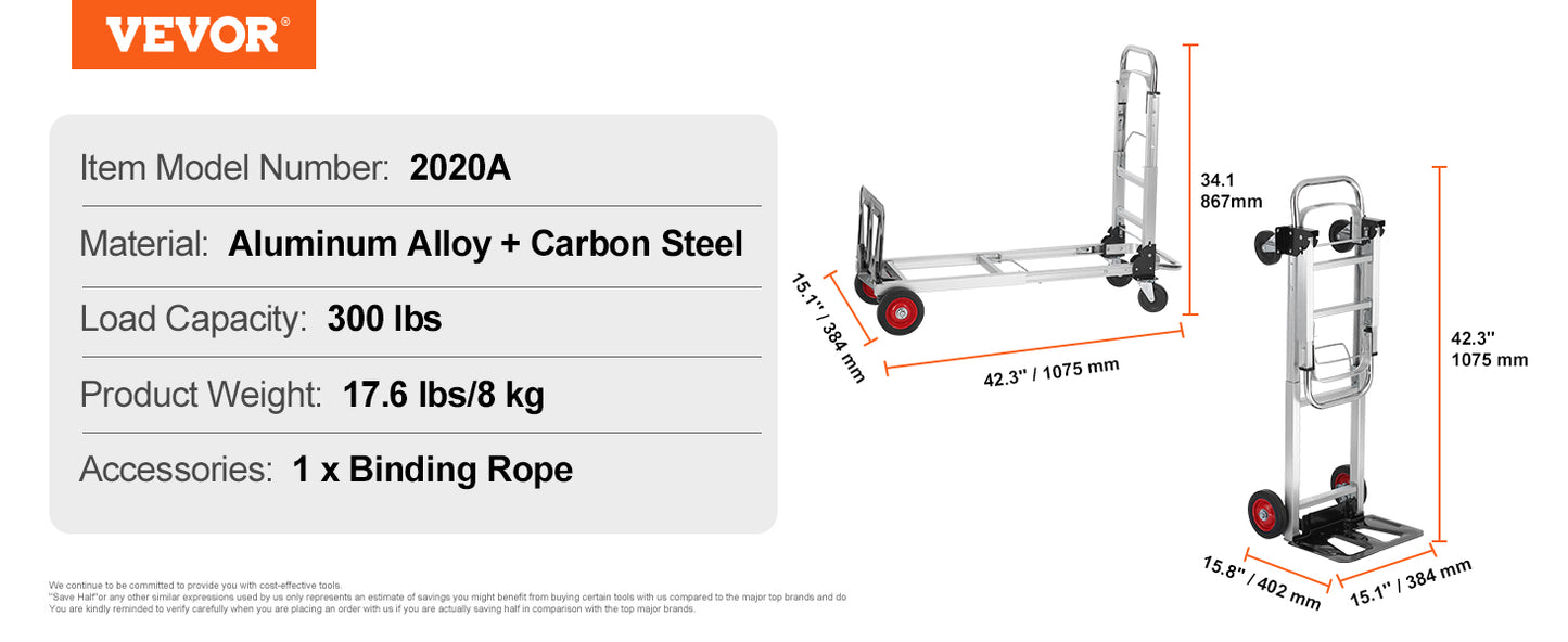 VEVOR Folding Hand Truck Aluminum Heavy Duty Industrial Collapsible Dolly Cart for Transport and Moving in Warehouse Supermarket