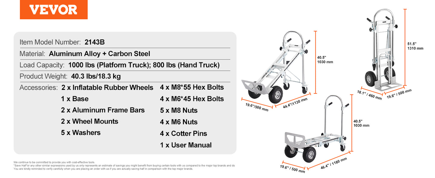 VEVOR Folding Hand Truck Aluminum Heavy Duty Industrial Collapsible Dolly Cart for Transport and Moving in Warehouse Supermarket