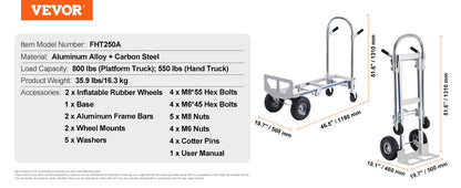 VEVOR Aluminum Folding Hand Truck Heavy Duty Industrial Collapsible Dolly Cart for Transport and Moving in Warehouse Supermarket