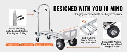 VEVOR Aluminum Folding Hand Truck Heavy Duty Industrial Collapsible Dolly Cart for Transport and Moving in Warehouse Supermarket