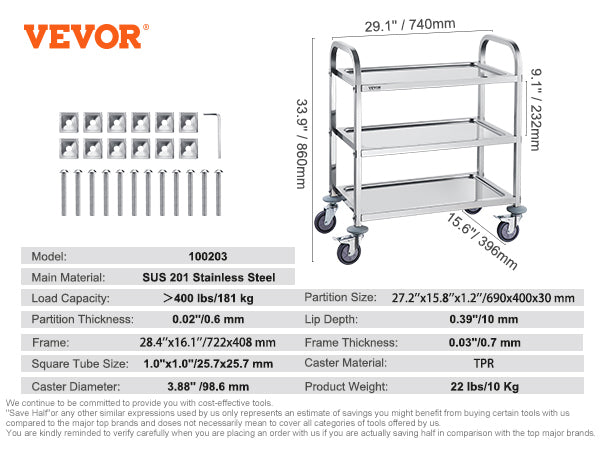 VEVOR Stainless Steel Cart 3/2/1 Layers Lab Utility Cart Medical Cart W/ Lockable Universal Wheels for Lab Clinic Kitchen Salon