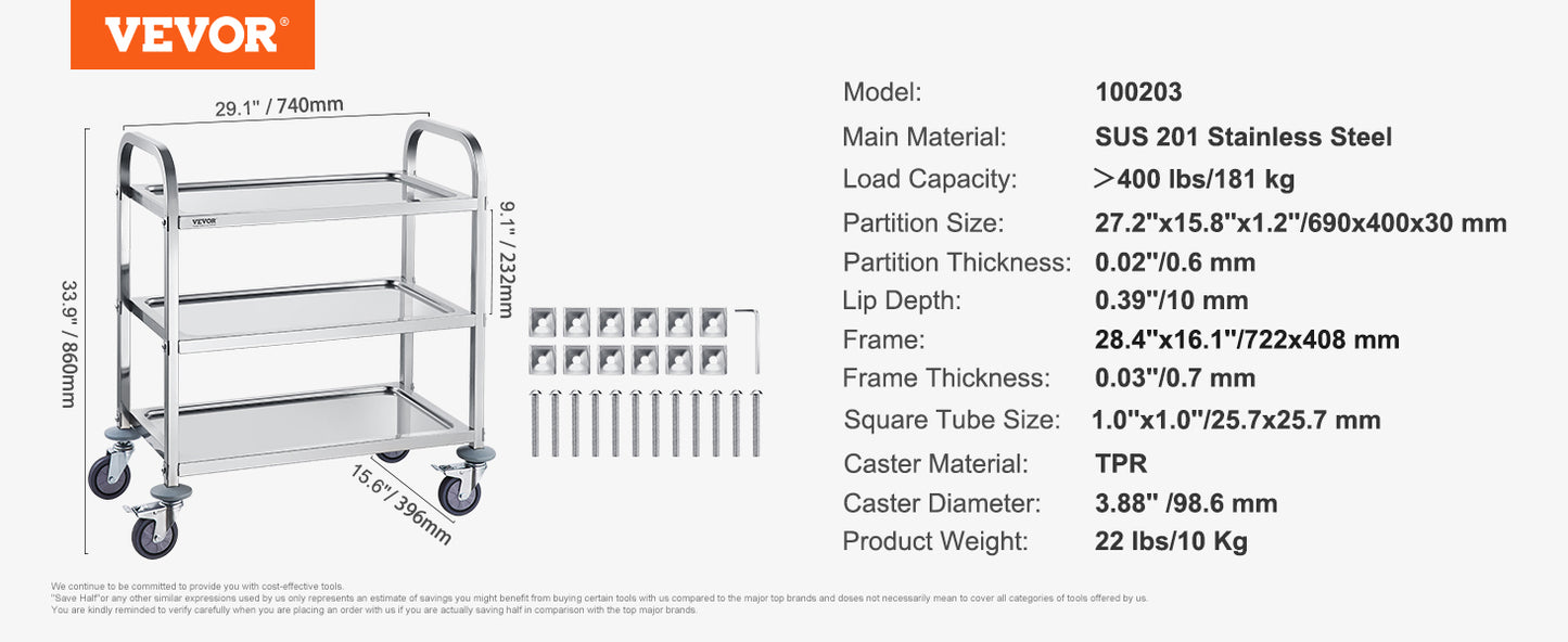 VEVOR Stainless Steel Cart 3/2/1 Layers Lab Utility Cart Medical Cart W/ Lockable Universal Wheels for Lab Clinic Kitchen Salon