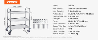 VEVOR Stainless Steel Cart 3/2/1 Layers Lab Utility Cart Medical Cart W/ Lockable Universal Wheels for Lab Clinic Kitchen Salon
