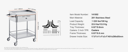 VEVOR Stainless Steel Cart 3/2/1 Layers Lab Utility Cart Medical Cart W/ Lockable Universal Wheels for Lab Clinic Kitchen Salon