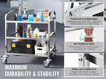 VEVOR Stainless Steel Cart 3/2/1 Layers Lab Utility Cart Medical Cart W/ Lockable Universal Wheels for Lab Clinic Kitchen Salon