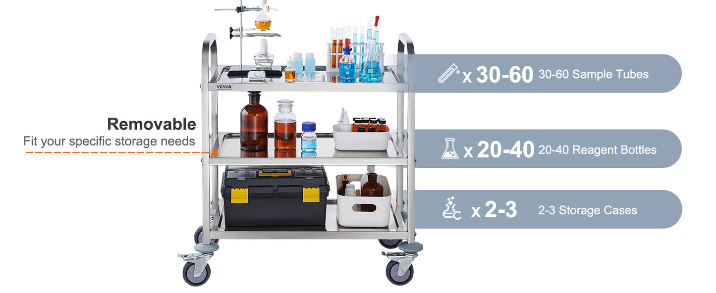 VEVOR Stainless Steel Cart 3/2/1 Layers Lab Utility Cart Medical Cart W/ Lockable Universal Wheels for Lab Clinic Kitchen Salon