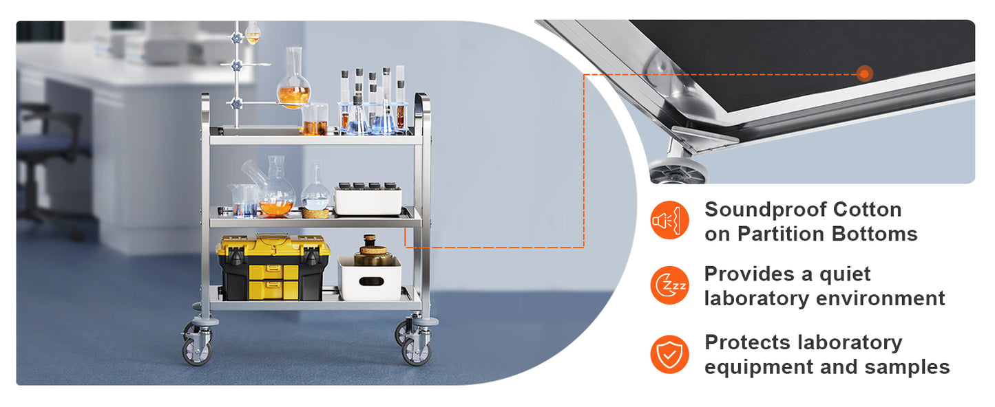 VEVOR Stainless Steel Cart 3/2/1 Layers Lab Utility Cart Medical Cart W/ Lockable Universal Wheels for Lab Clinic Kitchen Salon