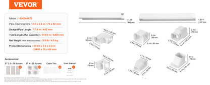 VEVOR Mini Split Line Set Cover PVC Decorative Pipe Line Cover For Air Conditioner Easy to Install Paintable for Heat Pump White