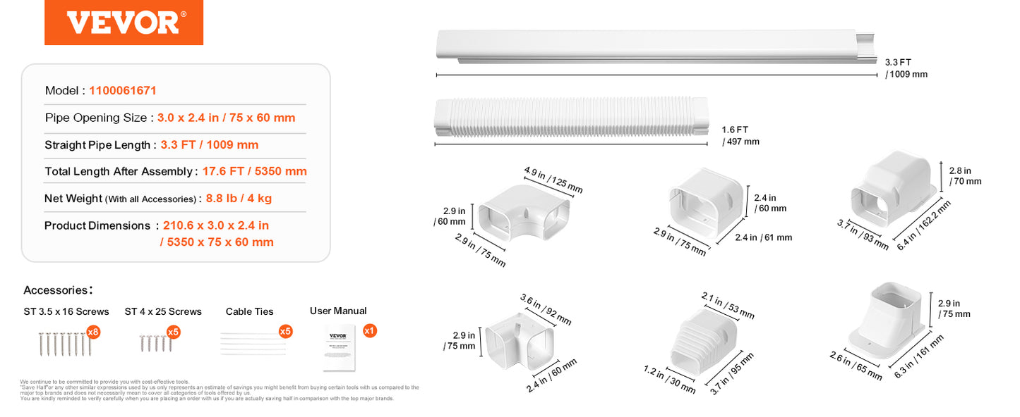 VEVOR Mini Split Line Set Cover PVC Decorative Pipe Line Cover For Air Conditioner Easy to Install Paintable for Heat Pump White