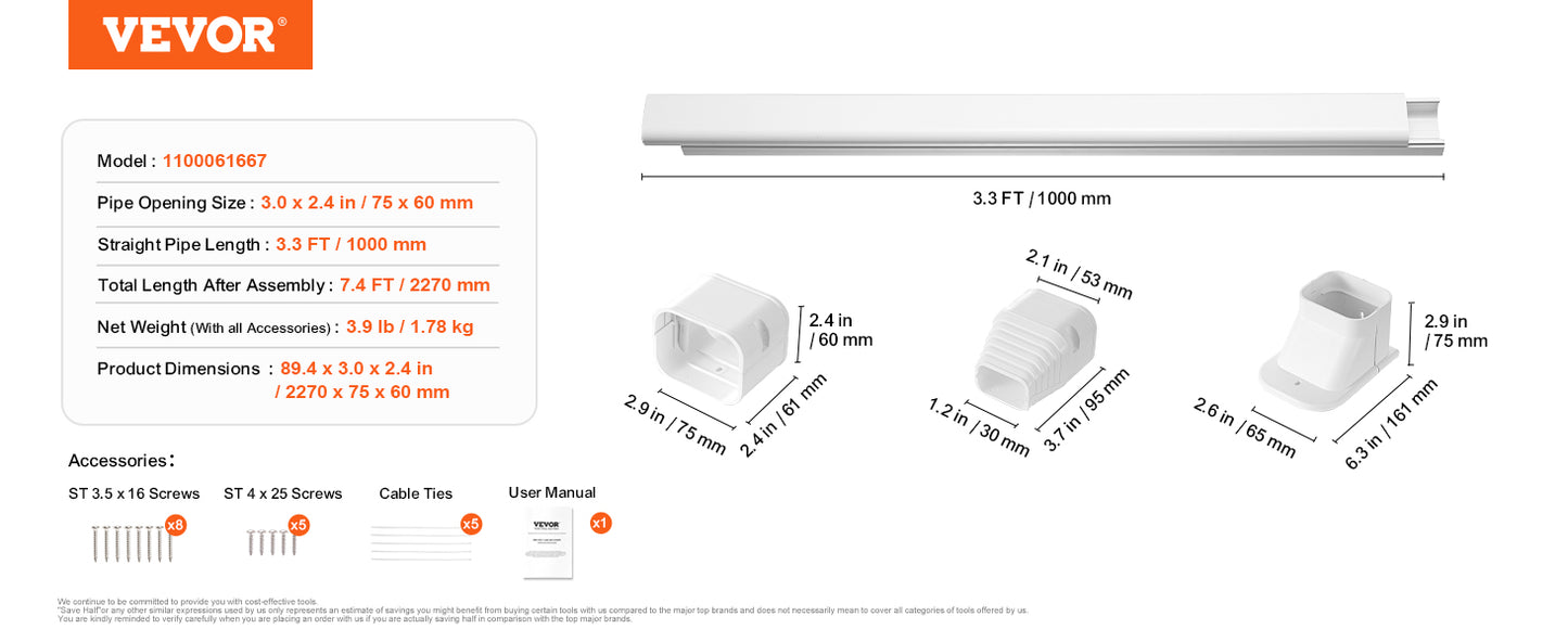 VEVOR Mini Split Line Set Cover PVC Decorative Pipe Line Cover For Air Conditioner Easy to Install Paintable for Heat Pump White