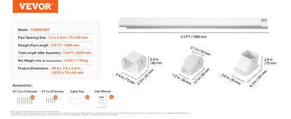 VEVOR Mini Split Line Set Cover PVC Decorative Pipe Line Cover For Air Conditioner Easy to Install Paintable for Heat Pump White