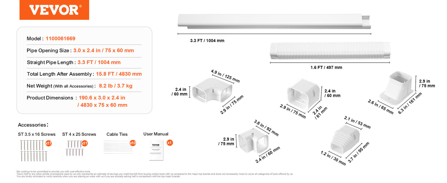 VEVOR Mini Split Line Set Cover PVC Decorative Pipe Line Cover For Air Conditioner Easy to Install Paintable for Heat Pump White