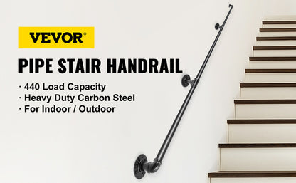 VEVOR 2-13ft Secure Pipe Stair Handrails Staircase 440lbs Handrails Carbon Steel For Wall Mount Stairs Indoors And Outdoor Black