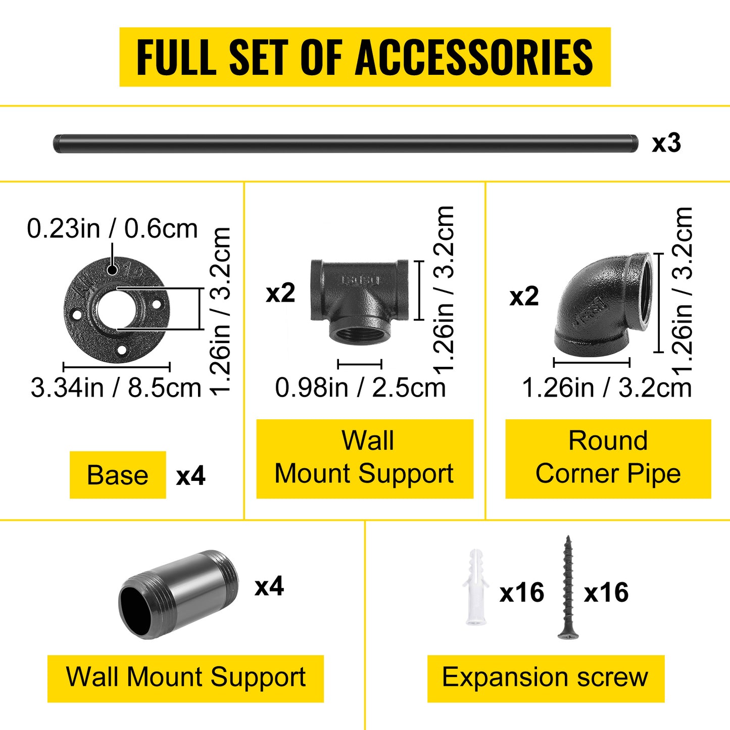 VEVOR 2-13ft Secure Pipe Stair Handrails Staircase 440lbs Handrails Carbon Steel For Wall Mount Stairs Indoors And Outdoor Black