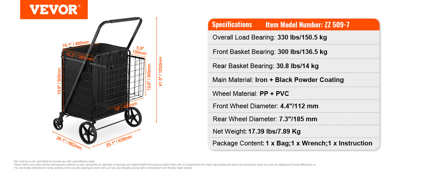 VEVOR Folding Shopping Cart with Removable Waterproof Liner 330LBS Capacity Jumbo Grocery Cart Heavy Duty Utility for Shopping