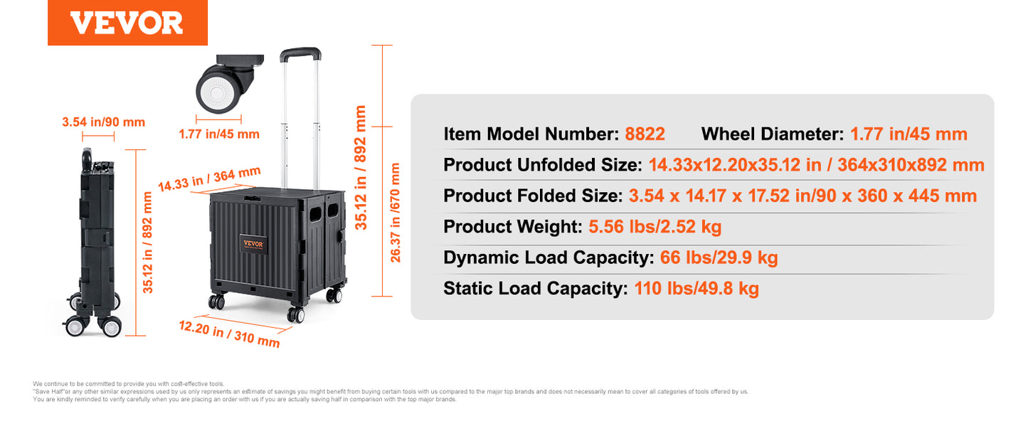 VEVOR Foldable Utility Shopping Cart Folding Portable Crate Handcart with Telescope Handle Wheels for Travel Office Garden Use